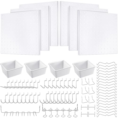 Hicarer 90 Pcs Pegboard Kit Include 6 Pcs 12 x 12 Inches Metal Peg Board 80 Various Shapes Hooks Peg Locks 4 Pegboard Bins for Craft Room Garage Workshop Kitchen Tools Organizer (White)