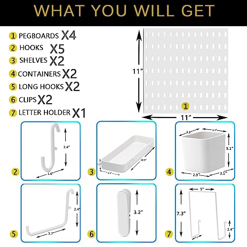 VEOFEMLEA Pegboard Combination Kit, 4 Peg Boards and 14 Accessories Modular Hanging White Pegboard for Walls, Office Wall Organizer, Keys Holder on Wall, Nursery Storage, 22"x22"