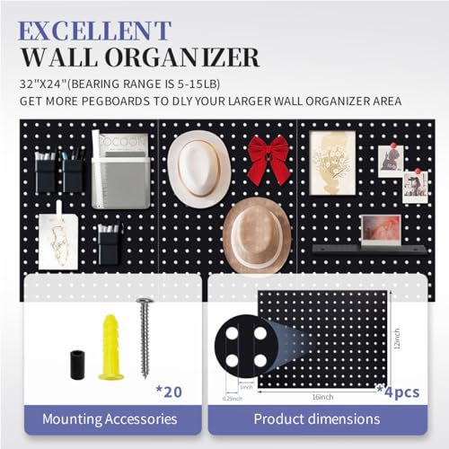 4 Pcs Metal Pegboard, (One Block*12 inch) Metal Pegboard Panels,Pegboard Wall Organizer Compatible with Walls Home/Garage Tool Storage/Office Organization/Craft Room/Kitchen（Black）