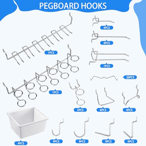 Hicarer 90 Pcs Pegboard Kit Include 6 Pcs 12 x 12 Inches Metal Peg Board 80 Various Shapes Hooks Peg Locks 4 Pegboard Bins for Craft Room Garage Workshop Kitchen Tools Organizer (White)