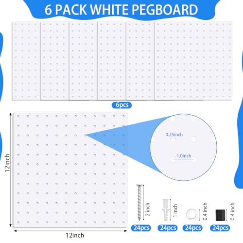 Hicarer 90 Pcs Pegboard Kit Include 6 Pcs 12 x 12 Inches Metal Peg Board 80 Various Shapes Hooks Peg Locks 4 Pegboard Bins for Craft Room Garage Workshop Kitchen Tools Organizer (White)