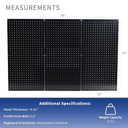 VIVO Steel Wall Mounted 48 x 32 inch Pegboard (3 Panels), Office Accessory Organizer, Horizontal or Vertical Magnetic Peg Board, Black, PP-WM48B