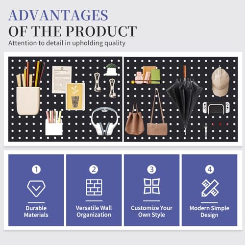 4 Pcs Metal Pegboard, (One Block*12 inch) Metal Pegboard Panels,Pegboard Wall Organizer Compatible with Walls Home/Garage Tool Storage/Office Organization/Craft Room/Kitchen（Black）