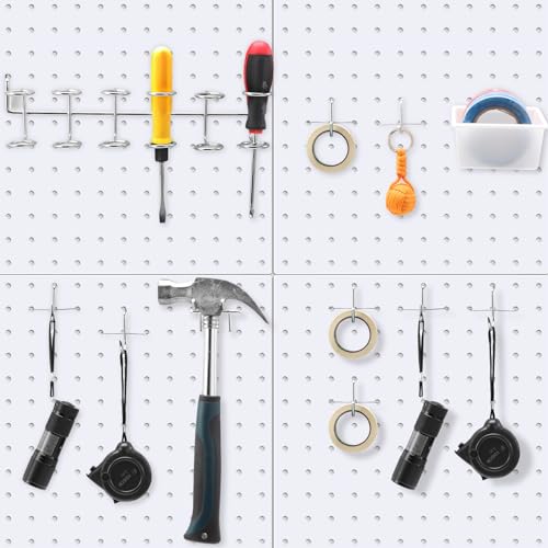 Hicarer 90 Pcs Pegboard Kit Include 6 Pcs 12 x 12 Inches Metal Peg Board 80 Various Shapes Hooks Peg Locks 4 Pegboard Bins for Craft Room Garage Workshop Kitchen Tools Organizer (White)