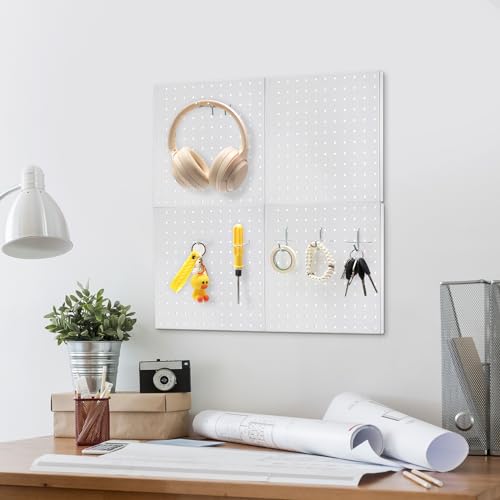Hicarer 90 Pcs Pegboard Kit Include 6 Pcs 12 x 12 Inches Metal Peg Board 80 Various Shapes Hooks Peg Locks 4 Pegboard Bins for Craft Room Garage Workshop Kitchen Tools Organizer (White)