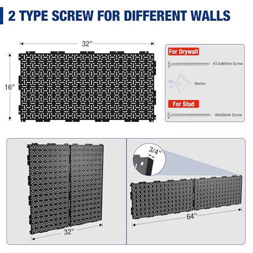 WORKPRO Metal Pegboard 16”x 32” Steel Panel with Round Holes & Vertical Slots 3-Pack, Black Heavy Duty Garage Peg Board Wall Pegboard for Wood Working Work Shop, Craft Room Organization