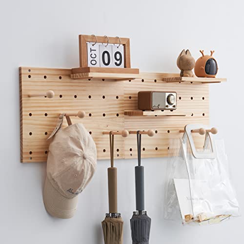 socalsunny Wood Pegboard Combination Wall Organizer Kit, Wooden Display Pegboard Panel Kits for Bedroom, Study, Office, Bathroom, 2 Pieces Pegboards and 15 Accessories