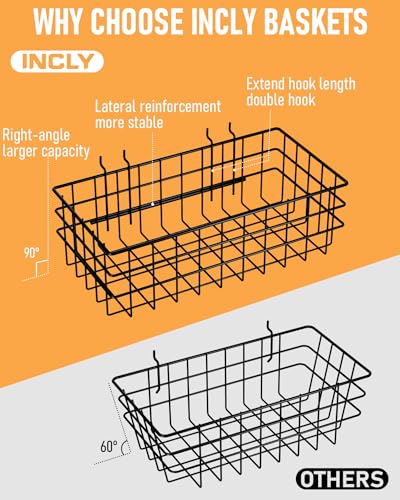 INCLY 4 Pack Pegboard Baskets Bins Set, 4 Size Square Style Black Metal Wire Basket for Any Peg Board Organizing Tools, Pegboard Accessories for Workbench Garage Wall Storage Attachments