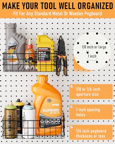 INCLY 4 Pack Pegboard Baskets Bins Set, 4 Size Square Style Black Metal Wire Basket for Any Peg Board Organizing Tools, Pegboard Accessories for Workbench Garage Wall Storage Attachments