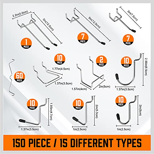 HORUSDY 150-Piece Pegboard Hooks Assortment, Pegboard Accessories with Pegboard Bins for Organizing Various Tools