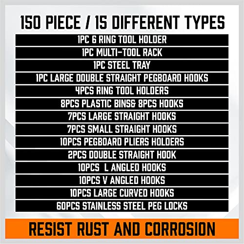 HORUSDY 150-Piece Pegboard Hooks Assortment, Pegboard Accessories with Pegboard Bins for Organizing Various Tools