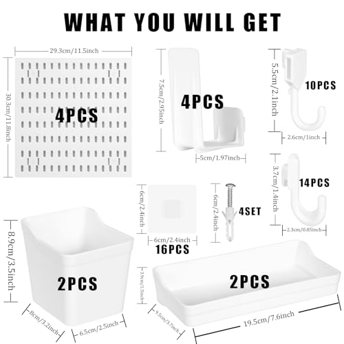 Dualshine Premium Pegboard Combination Kit, White Pegboard Wall Organizer with 4 Small Plastic Panels and 40 Accessories, Ideal for Craft Room, Bathroom, Nursery Storage, and Office (22"*22")