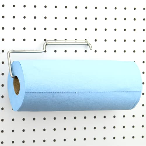 RightArrange One-Handed Tear Pegboard Paper Towel Holder - Stainless Steel - Hooks to Any Peg Board - Pegboard Organization Accessory for Tool Shed, Garage, Workbench, Kitchen, Laundry or Craft Room