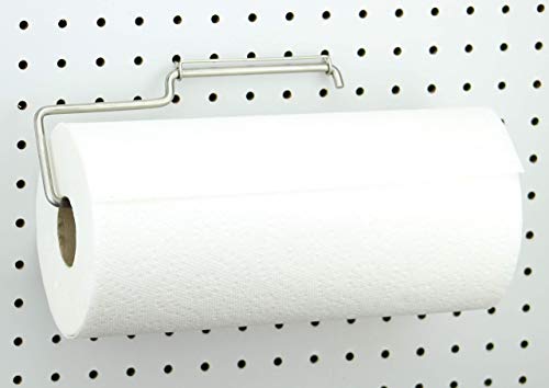 RightArrange One-Handed Tear Pegboard Paper Towel Holder - Stainless Steel - Hooks to Any Peg Board - Pegboard Organization Accessory for Tool Shed, Garage, Workbench, Kitchen, Laundry or Craft Room