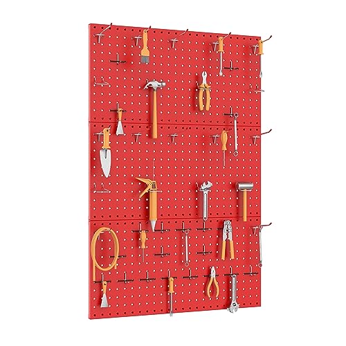 TORACK 3Pcs Metal Pegboard Panels for Wall Garage Utility Tools Pegboard Storage System for Workbench, Shop, Shed Modular Peg Board Organizer Board Kit(Pack of 3, Red)