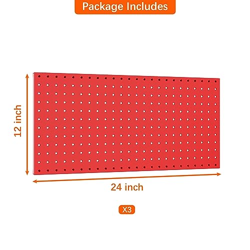 TORACK 3Pcs Metal Pegboard Panels for Wall Garage Utility Tools Pegboard Storage System for Workbench, Shop, Shed Modular Peg Board Organizer Board Kit(Pack of 3, Red)