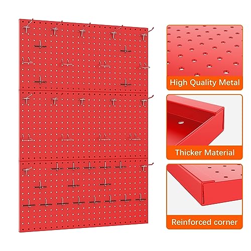 TORACK 3Pcs Metal Pegboard Panels for Wall Garage Utility Tools Pegboard Storage System for Workbench, Shop, Shed Modular Peg Board Organizer Board Kit(Pack of 3, Red)