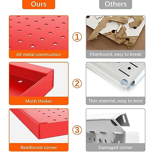 TORACK 3Pcs Metal Pegboard Panels for Wall Garage Utility Tools Pegboard Storage System for Workbench, Shop, Shed Modular Peg Board Organizer Board Kit(Pack of 3, Red)