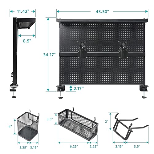 EUREKA ERGONOMIC Desk Pegboard with Dual Monitor Stand,Steel Pegboard for Desk,Computer Desk Accessories for Office, Privacy Panel for Gaming Desk, 4 Accessories Modular Hanging,43 x 34inch, Black