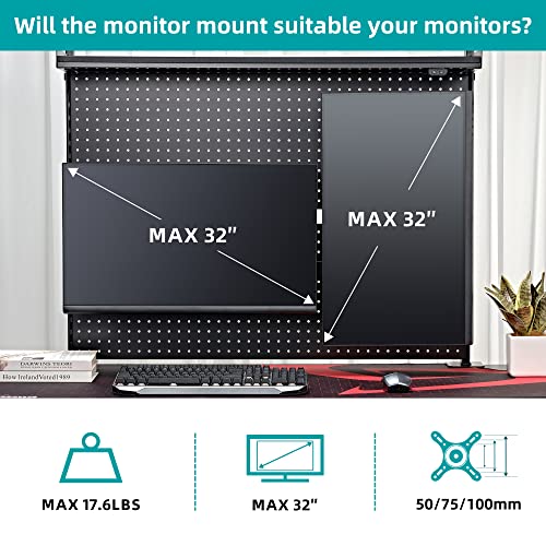 EUREKA ERGONOMIC Desk Pegboard with Dual Monitor Stand,Steel Pegboard for Desk,Computer Desk Accessories for Office, Privacy Panel for Gaming Desk, 4 Accessories Modular Hanging,43 x 34inch, Black