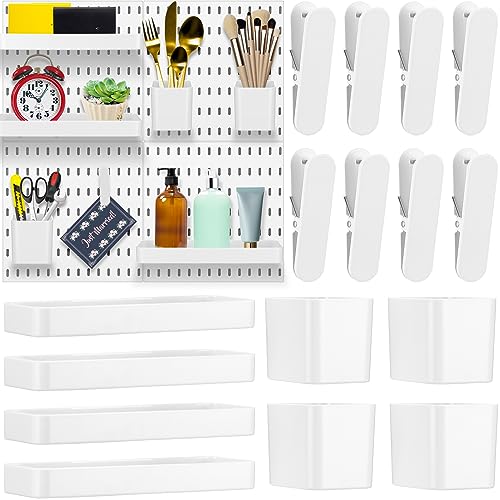 Suzile 16 Pcs Pegboard Wall Accessories Kit Including 4 Storage Bins 4 Square Containers 8 Clips White Pegboard Combination Organizer for Home Office Wall Organization Storage Without Pegboards
