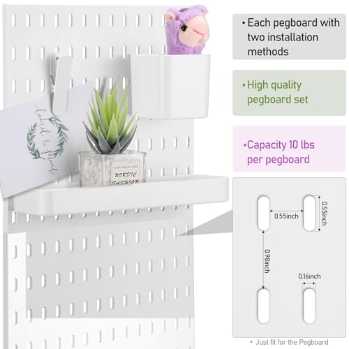 Suzile 16 Pcs Pegboard Wall Accessories Kit Including 4 Storage Bins 4 Square Containers 8 Clips White Pegboard Combination Organizer for Home Office Wall Organization Storage Without Pegboards