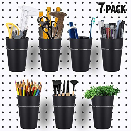 Kuhome 7 Sets Pegboard Bins with Rings, Ring Style Pegboard Hooks with Pegboard Cups, Pegboard Cup Holder Accessories for Organizing Storage (Black)