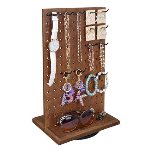 MOOCA Wooden Rotating Two-Sided Pegboard Jewelry Display Stand with 30 Removable Hooks for Bracelets, Earrings and Keychains, Versatile Countertop Rack for Store, Tradeshow, and Home, Brown Color
