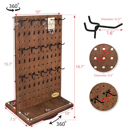MOOCA Wooden Rotating Two-Sided Pegboard Jewelry Display Stand with 30 Removable Hooks for Bracelets, Earrings and Keychains, Versatile Countertop Rack for Store, Tradeshow, and Home, Brown Color