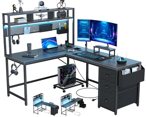 DOMICON Gaming Desk Computer Desk with Pegboard & Shelves Large L Shaped Desk with Drawers, Gaming Desk with Power Outlet & LED & Monitor Stand & Mobile CPU Stand, Corner Deck for Home Office Black