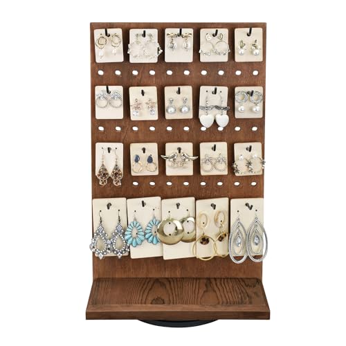 MOOCA Wooden Rotating Two-Sided Pegboard Jewelry Display Stand with 30 Removable Hooks for Bracelets, Earrings and Keychains, Versatile Countertop Rack for Store, Tradeshow, and Home, Brown Color