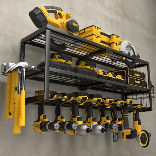 YYR Heavy Duty Power Tool Organizer Wall Mount, Cordless Drill Hanger Storage Rack, Battery Tools Holder with Charging Station Shelf for Garage Organization, Workshop, Pegboard, Shed - 32 Inch 8 Slots