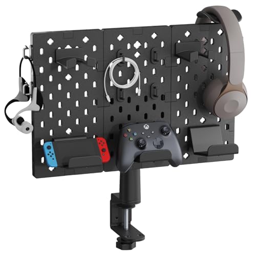 PEGZONE Modular Headphone and Controller Holder for Game, Clamp-on Pegboard, Rotatable Controller Stand with Cable Hooks, Gaming Accessory for Xbox PS5 PS4 Nintendo Switch, 3Pcs Pegboard, Black
