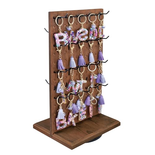 MOOCA Wooden Rotating Two-Sided Pegboard Jewelry Display Stand with 30 Removable Hooks for Bracelets, Earrings and Keychains, Versatile Countertop Rack for Store, Tradeshow, and Home, Brown Color