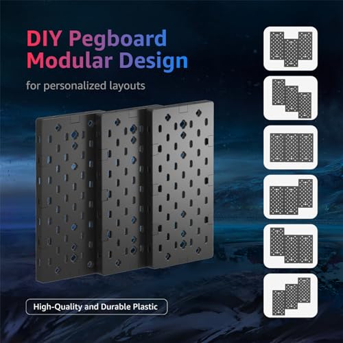 PEGZONE Modular Headphone and Controller Holder for Game, Clamp-on Pegboard, Rotatable Controller Stand with Cable Hooks, Gaming Accessory for Xbox PS5 PS4 Nintendo Switch, 3Pcs Pegboard, Black