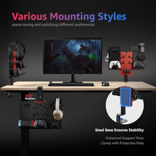 PEGZONE Modular Headphone and Controller Holder for Game, Clamp-on Pegboard, Rotatable Controller Stand with Cable Hooks, Gaming Accessory for Xbox PS5 PS4 Nintendo Switch, 3Pcs Pegboard, Black