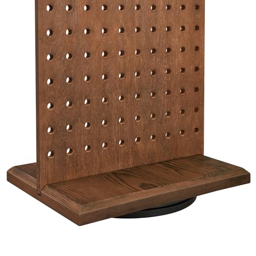 MOOCA Wooden Rotating Two-Sided Pegboard Jewelry Display Stand with 30 Removable Hooks for Bracelets, Earrings and Keychains, Versatile Countertop Rack for Store, Tradeshow, and Home, Brown Color