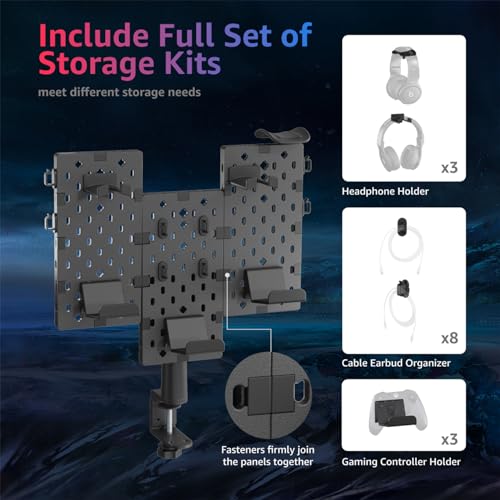 PEGZONE Modular Headphone and Controller Holder for Game, Clamp-on Pegboard, Rotatable Controller Stand with Cable Hooks, Gaming Accessory for Xbox PS5 PS4 Nintendo Switch, 3Pcs Pegboard, Black