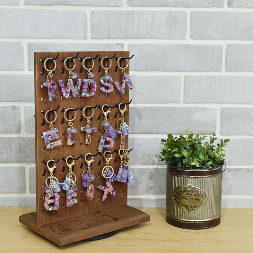 MOOCA Wooden Rotating Two-Sided Pegboard Jewelry Display Stand with 30 Removable Hooks for Bracelets, Earrings and Keychains, Versatile Countertop Rack for Store, Tradeshow, and Home, Brown Color