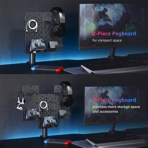 PEGZONE Modular Headphone and Controller Holder for Game, Clamp-on Pegboard, Rotatable Controller Stand with Cable Hooks, Gaming Accessory for Xbox PS5 PS4 Nintendo Switch, 3Pcs Pegboard, Black