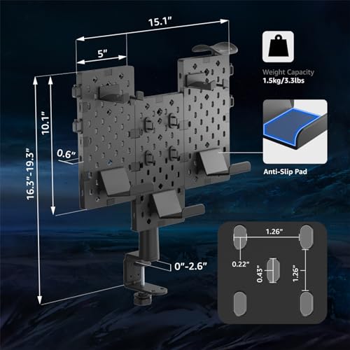 PEGZONE Modular Headphone and Controller Holder for Game, Clamp-on Pegboard, Rotatable Controller Stand with Cable Hooks, Gaming Accessory for Xbox PS5 PS4 Nintendo Switch, 3Pcs Pegboard, Black