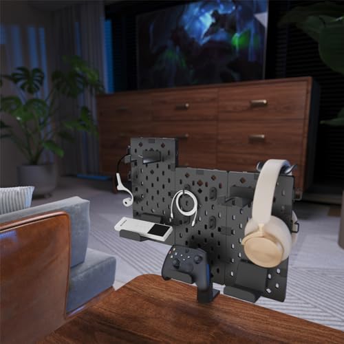 PEGZONE Modular Headphone and Controller Holder for Game, Clamp-on Pegboard, Rotatable Controller Stand with Cable Hooks, Gaming Accessory for Xbox PS5 PS4 Nintendo Switch, 3Pcs Pegboard, Black