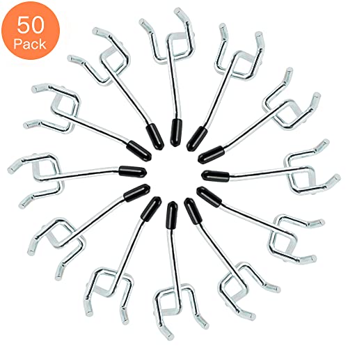Rawall 2 Inch 50-Pack,Sturdy and Durable L Shape Galvanized Metal suitbale for 1/4 and 1/8 Pegboard Hooks with Rubber Tipped,Pegboard Hooks for Garage,Office,Kitchen,Store(Silver)