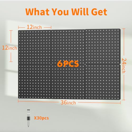 Peg Board, 6PCS Metal Pegboard, Heavy Duty Pegboard Wall Organizer with Frame. Black Pegboard for Walls, Garage, Workbench, Craft Room Tool Organization, Metal Pegboard Panels 12in*12in