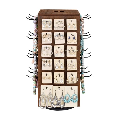 MOOCA Wooden Rotating Four-Sided Pegboard Jewelry Accessories Rack, Rotating Jewelry Display with a Lid for Large Inner Storage Space, 48 Removable Black Hooks, Brown Color