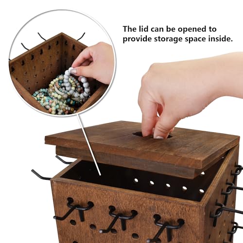 MOOCA Wooden Rotating Four-Sided Pegboard Jewelry Accessories Rack, Rotating Jewelry Display with a Lid for Large Inner Storage Space, 48 Removable Black Hooks, Brown Color