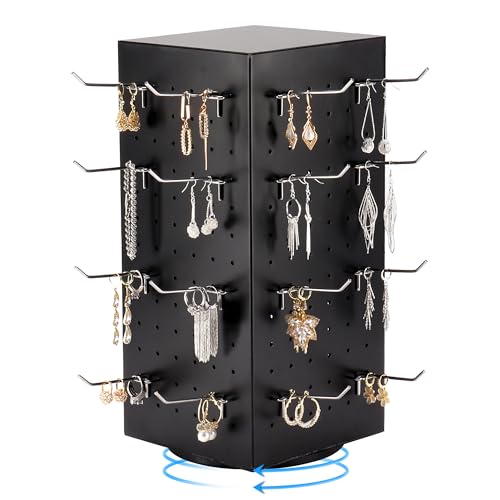 Magibag Pegboard Display Stand with 24 Hooks 4 Sided Rotating Earring Jewelry Display Stand Racks for Keychain Craft Shows Vendors Retail Selling (Black, 7"x7"x15")