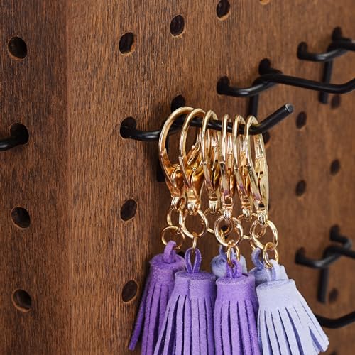MOOCA Wooden Rotating Four-Sided Pegboard Jewelry Accessories Rack, Rotating Jewelry Display with a Lid for Large Inner Storage Space, 48 Removable Black Hooks, Brown Color
