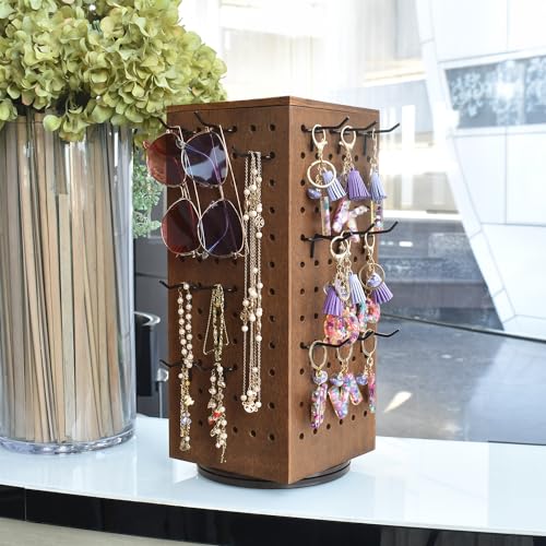 MOOCA Wooden Rotating Four-Sided Pegboard Jewelry Accessories Rack, Rotating Jewelry Display with a Lid for Large Inner Storage Space, 48 Removable Black Hooks, Brown Color