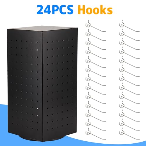 Magibag Pegboard Display Stand with 24 Hooks 4 Sided Rotating Earring Jewelry Display Stand Racks for Keychain Craft Shows Vendors Retail Selling (Black, 7"x7"x15")